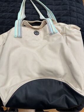 lululemon athletica Cream Canvas Tote with Black Base and Pastel Stripe Handles